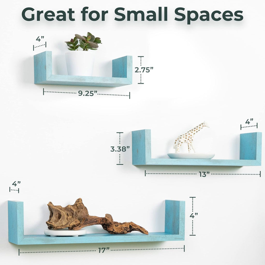 Greenco Set of 3 Floating “U” Shelves, Easy-to-Assemble Floating Wall Mount Shelves for Bedrooms and Living Rooms, Rustic Blue Finish