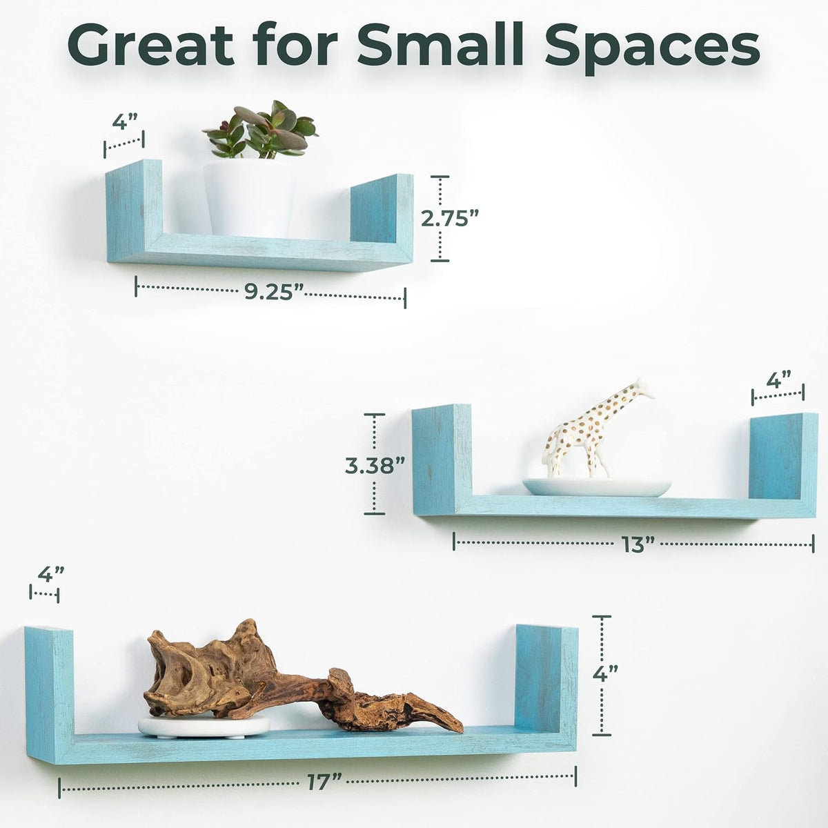 Greenco Set of 3 Floating “U” Shelves, Easy-to-Assemble Floating Wall Mount Shelves for Bedrooms and Living Rooms, Rustic Blue Finish
