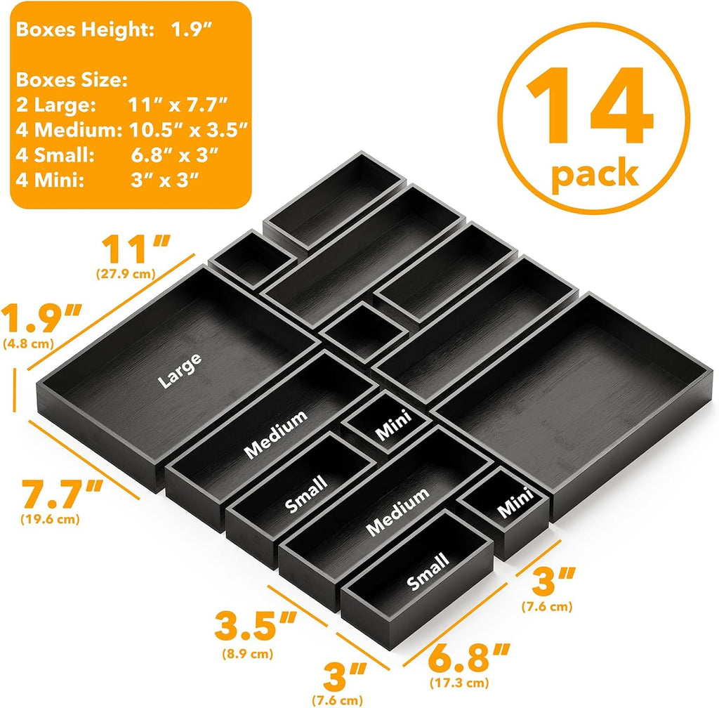 SpaceAid 14-Piece Bamboo Drawer Organizer Storage Boxes Set, Wood Tray Junk Drawer Organizers Multi-Use Divider Bins for Kitchen, Bathroom, Office Desk and Makeup Organization (14 Pack, Black)