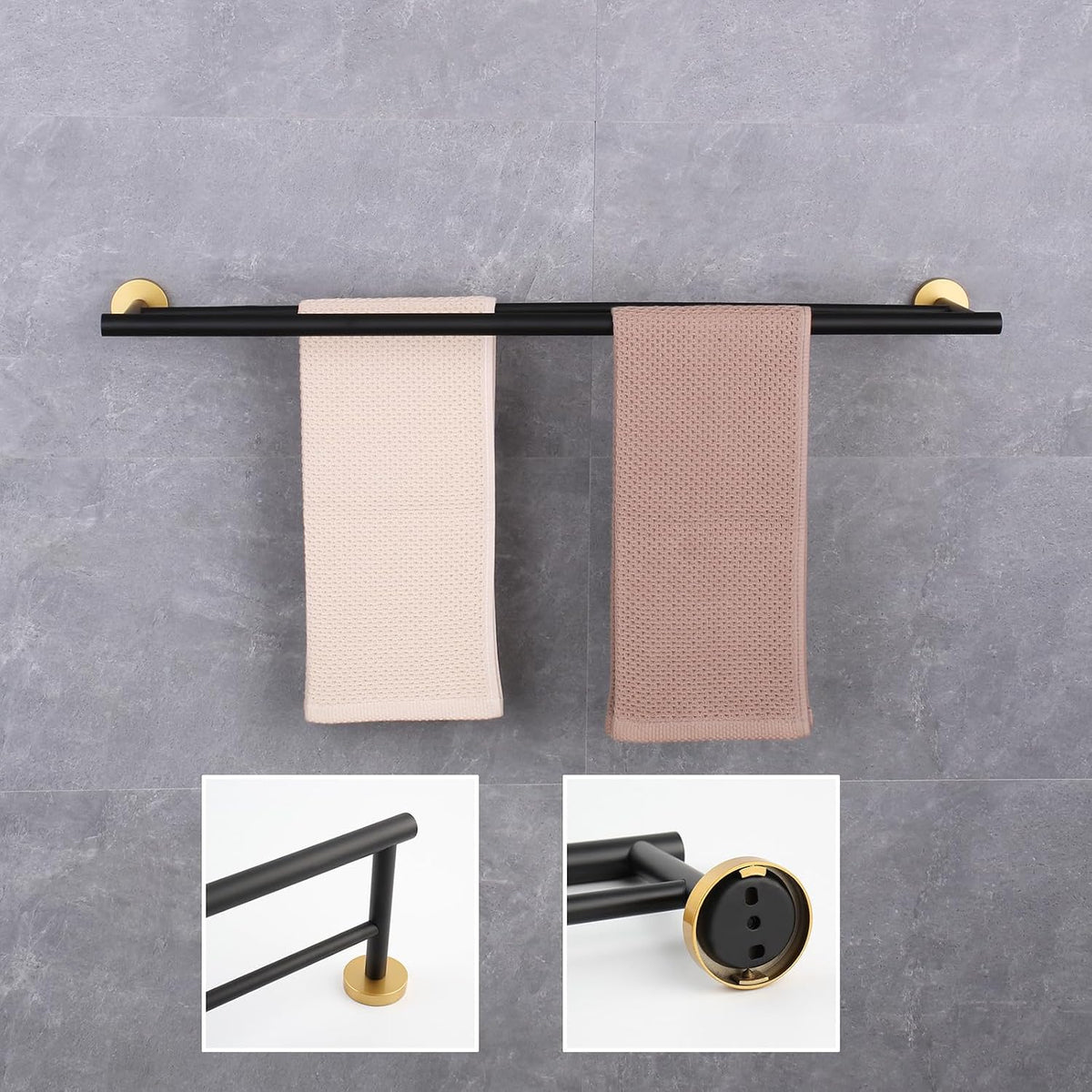 GERZWY Bath Double Towel Bar 30-Inch Stainless Steel Bathroom Towel Rail Wall Mounted Hand Towel Holder Black & Gold