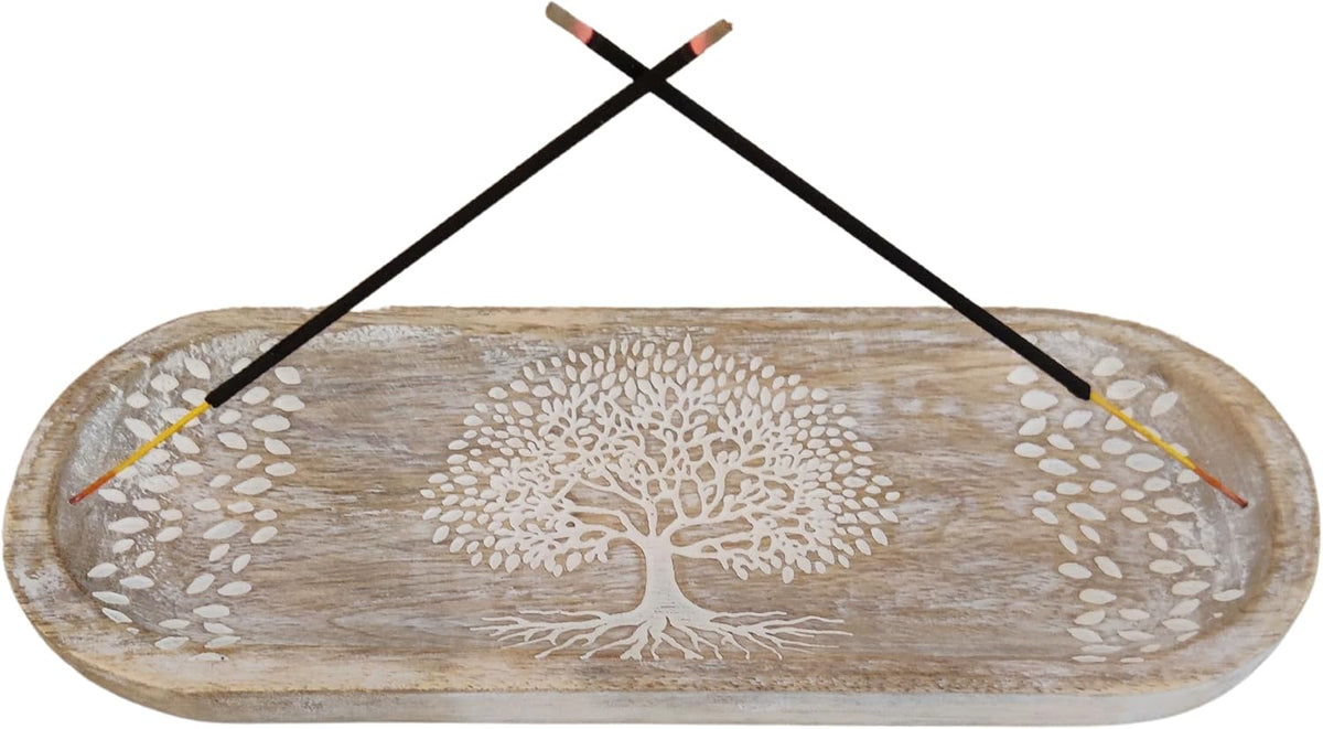 VANIYA CRAFTS® Wooden Handmade Tree of Life Design Boat Shape Incense Holder Stand Insence Tray for Sticks Home Decor Restaurant (11X4,Antique White)