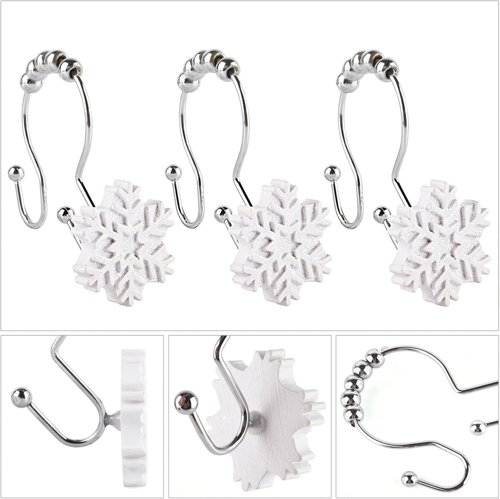 Snowflake Double Shower Curtain Hooks, 12 PCS Christmas Double Slide Shower Curtain Hooks Rings for Winter Decoration in Bathroom and Living Room
