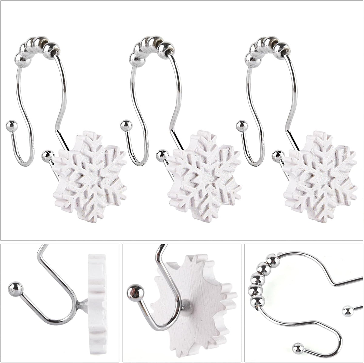 Snowflake Double Shower Curtain Hooks, 12 PCS Christmas Double Slide Shower Curtain Hooks Rings for Winter Decoration in Bathroom and Living Room