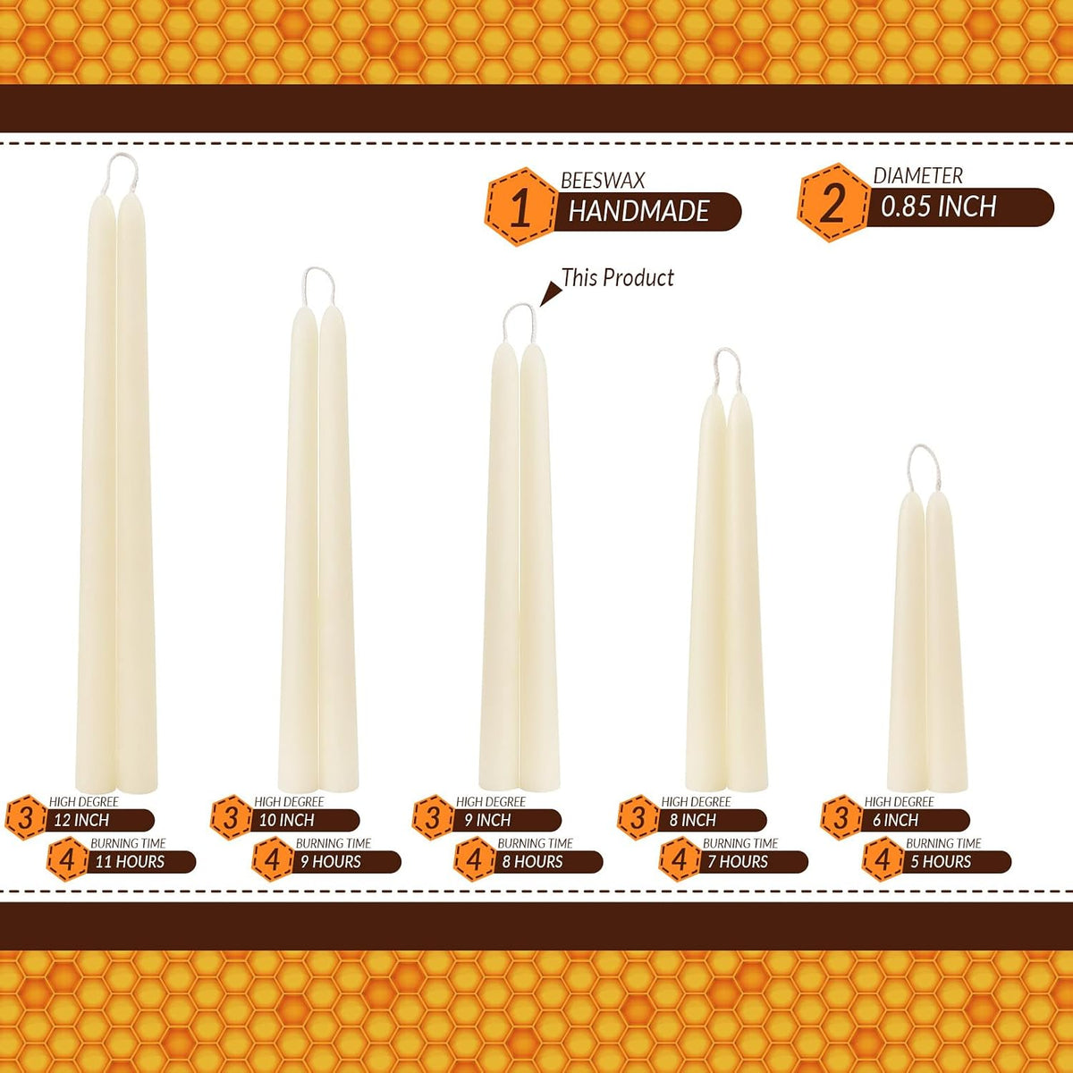 DEYBBY Beeswax Taper Candles, Clean Burning, Cream White, 9 in, 6 Pack