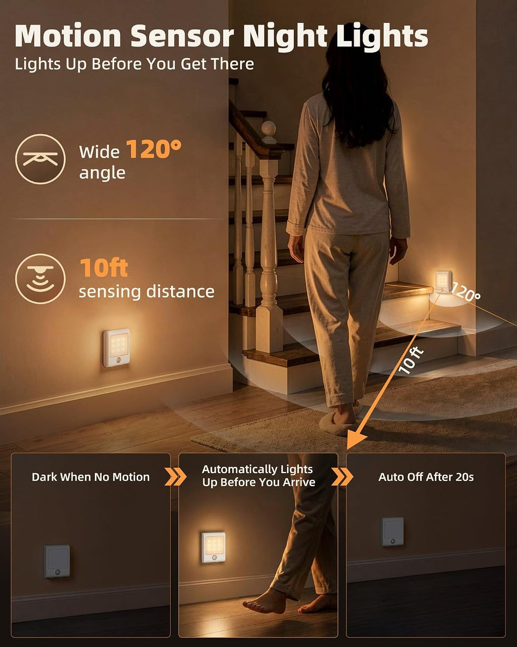 EZVALO Rechargeable Battery Night Light with Motion Sensor, Stick-On LED Stair Light with 3 Color Temps, Magnetic, Dimmable, Portable Mini Closet Lights for Staircase, Bathroom, Hallway (6 Pack)