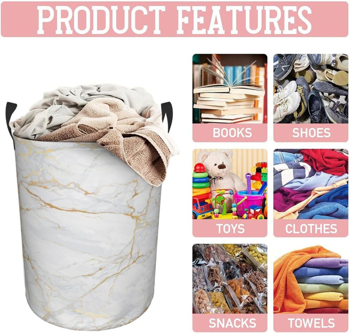 Marble Print Round Laundry Hamper Storage Basket Toys Clothes Organizer Bin For Home Bathroom Bedroom Dorm Nursery, 38l