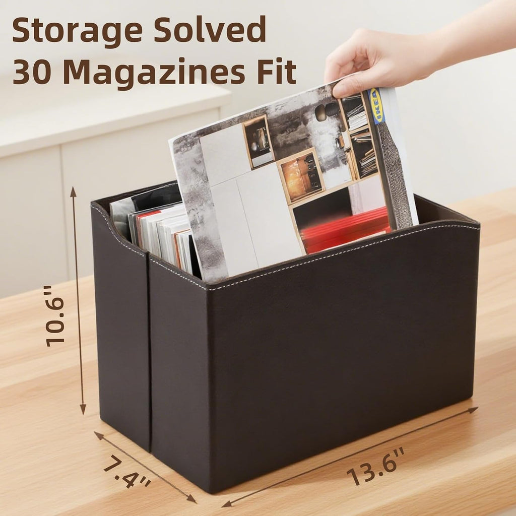 WRINGKIT Leather Magazine File Holder, Foldable Magazine Basket with Handle