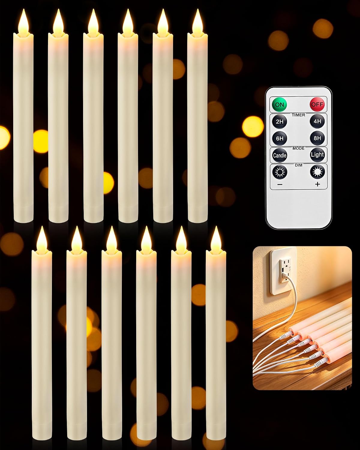 SURAIELEC Rechargeable Flameless Taper Candles with Remote, 12 Pack