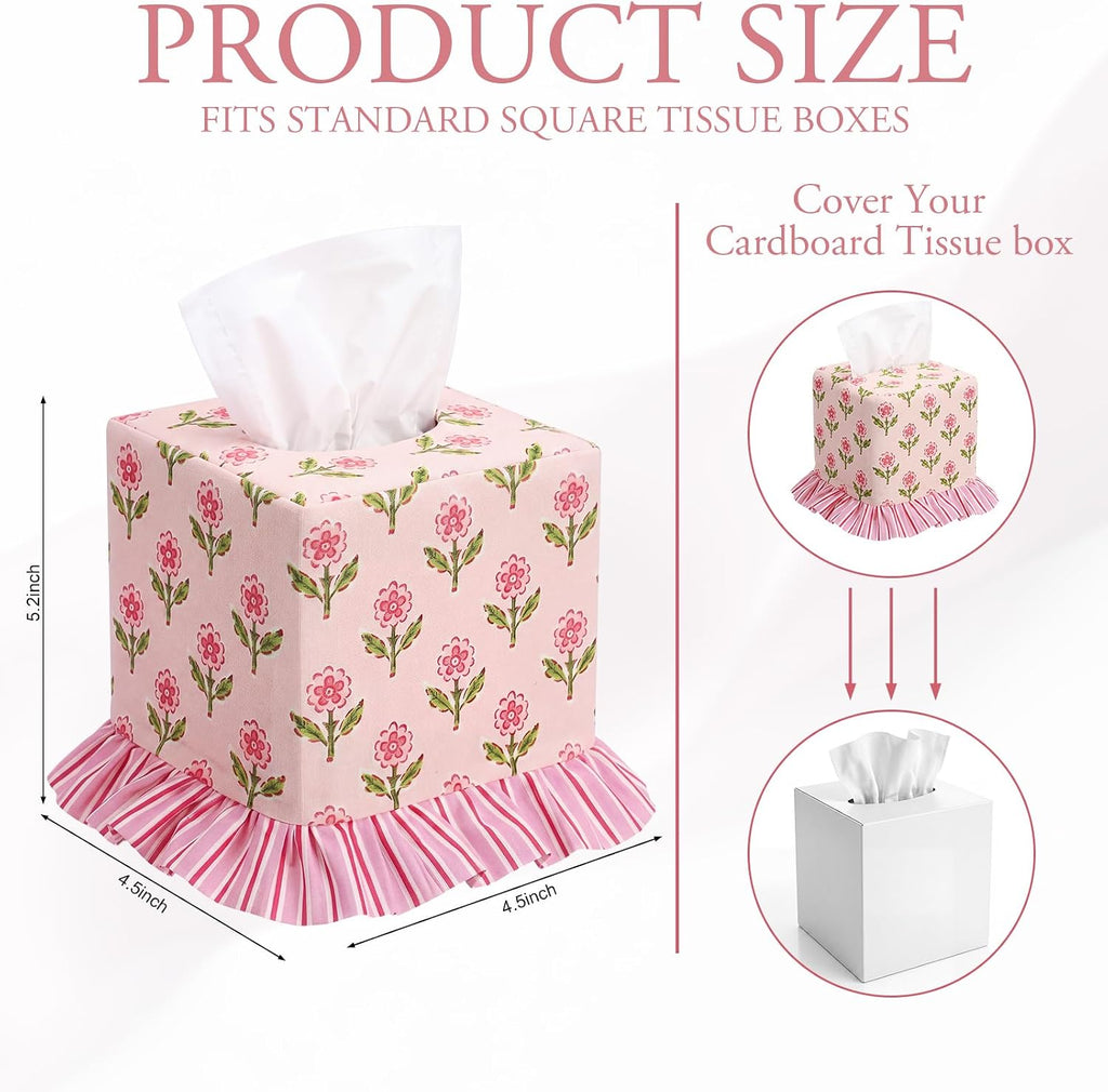 Pink Blockprint Floral Ruffle Tissue Box Cover Block Printed