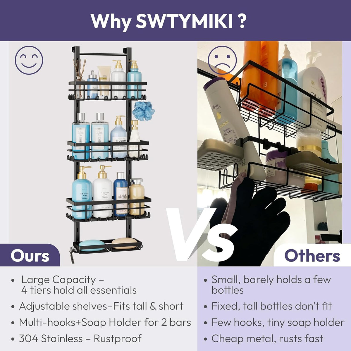 SWTYMIKI Over The Door Shower Caddy - 4 Tier Rustproof Hanging Shower Organizer with Adjustable Shelves, 40 Hooks & Soap Holder, Hanging Shower Rack Storage for Bathroom Accessories, Black