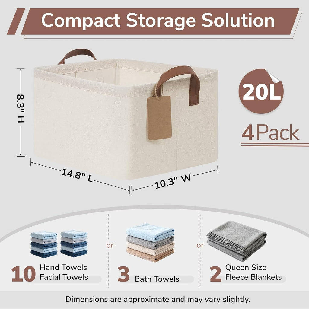 CHICVITA 4 Pack Fabric Storage Bins for Shelves, Metal Frame, 20L Beige