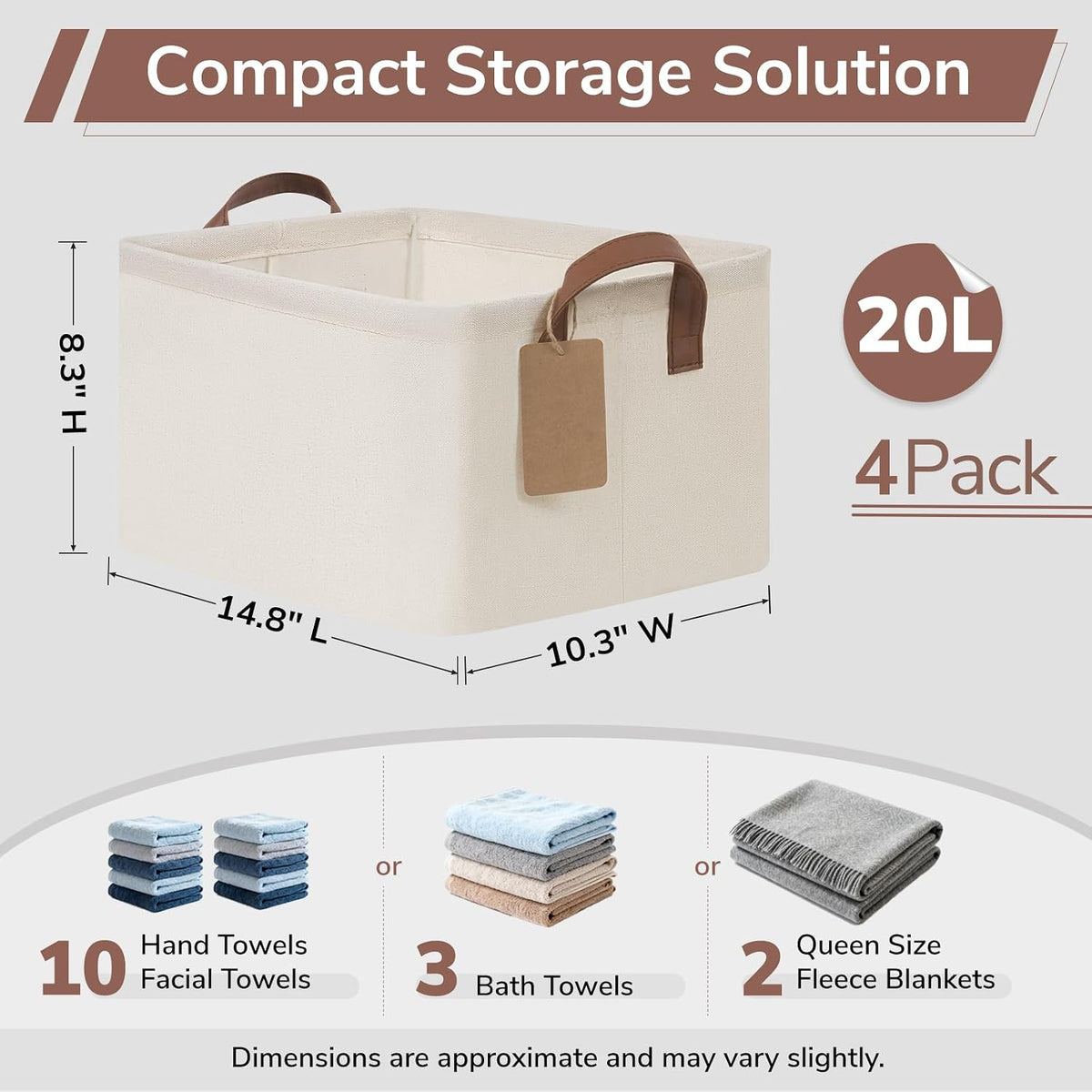 CHICVITA 4 Pack Fabric Storage Bins for Shelves, Metal Frame, 20L Beige