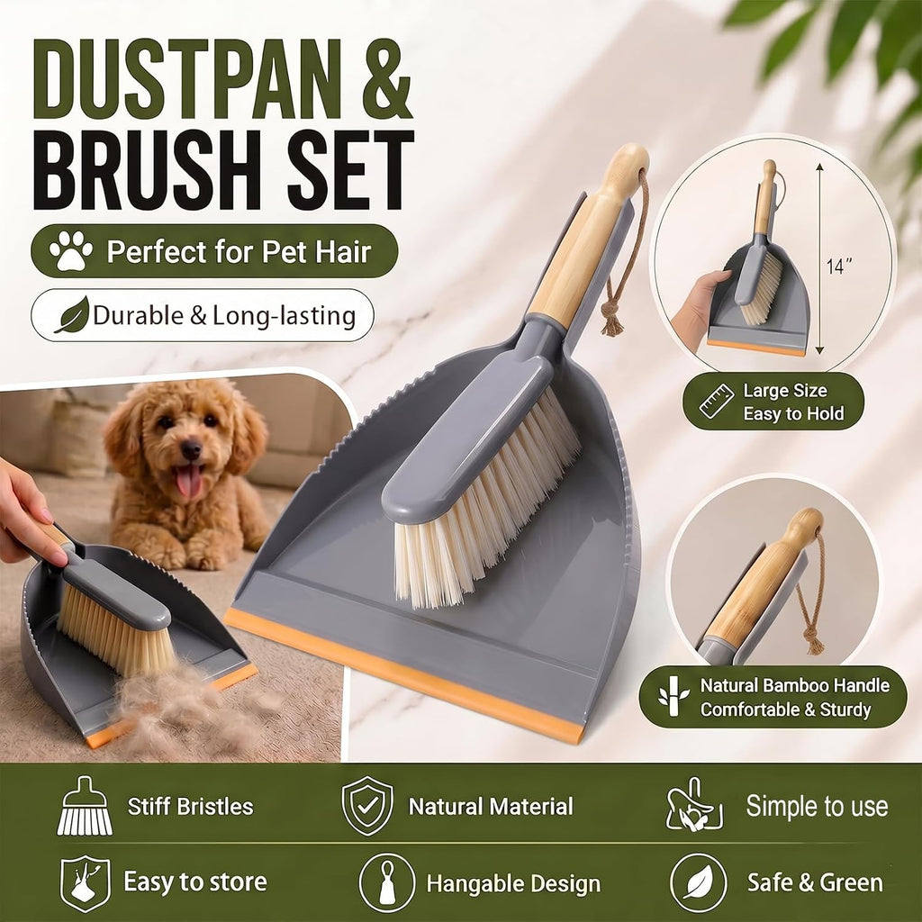 Dust Pan and Brush Set - Small Hand Broom with Dust Pan with Rubber Lip, Comfortable Use for Home, Office, Pet Hair Cleaning, 14 x 8.7 inch, Grey Orange