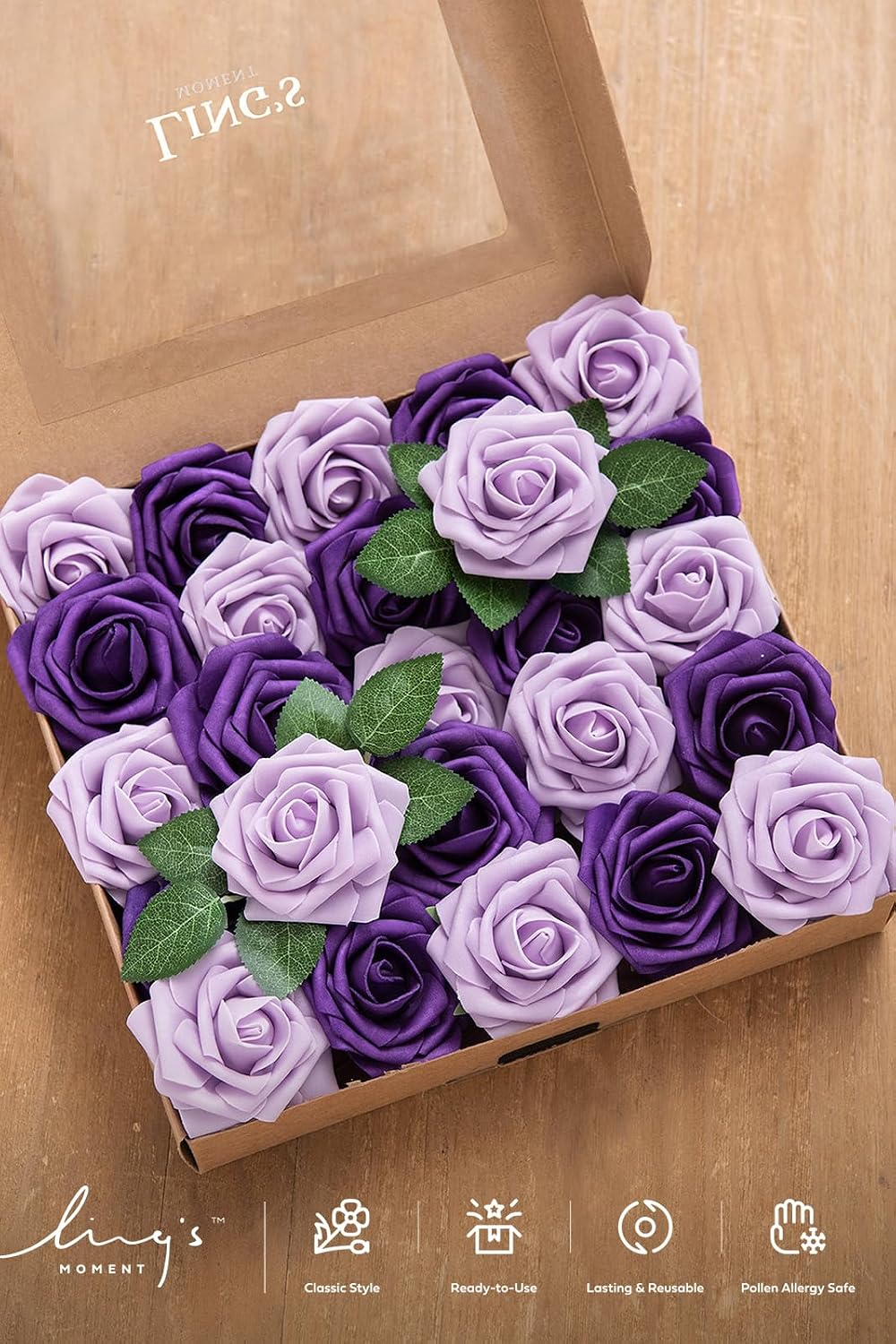 Ling's moment Artificial Flowers with Stems, Purple, 3", 25Pcs Fake Roses