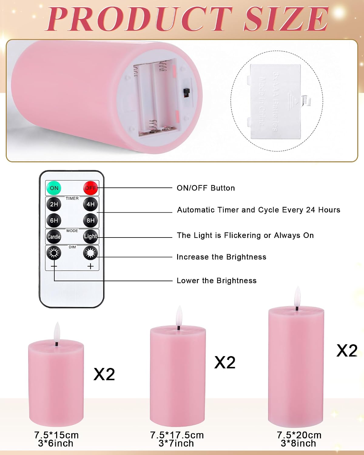 VIHOSE 6 Pack Pink Flameless Candles Set with Remote and Timer Flickering Flameless Battery Candles Flat Top LED Pillar for Wedding Outdoor Home Festival Decoration(D 3" H 6" 7" 8")