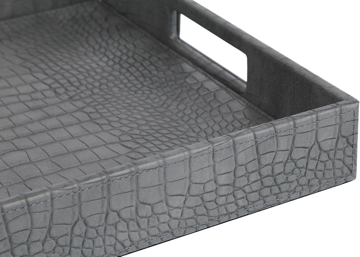 HofferRuffer Rectangle Serving Tray with Hole Handles for Coffee Table, Breakfast, Tea, Food, Butler - Countertop, Kitchen, Vanity Serve Tray, 16.2 x 12.2 x 2 inches, Faux Leather Tray (Dark Grey)
