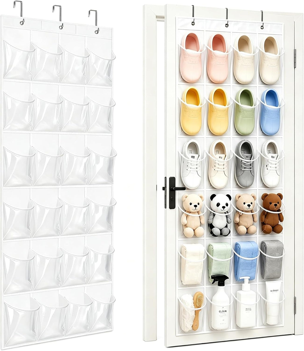 Over-the-Door Shoe Organizer with 24 Crystal Clear Pockets, White