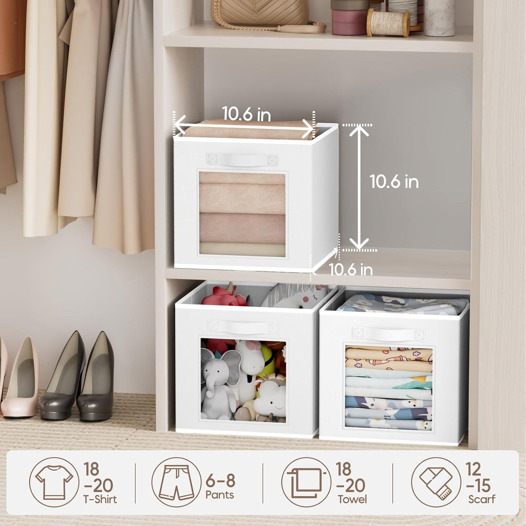 Homsorout Storage Cube 11 Inch - Cube Storage Bins with Window, Closet Storage Baskets with Handle, Fabric Bins for Closet, Shelves, Toys, Clothes, Set of 12, White