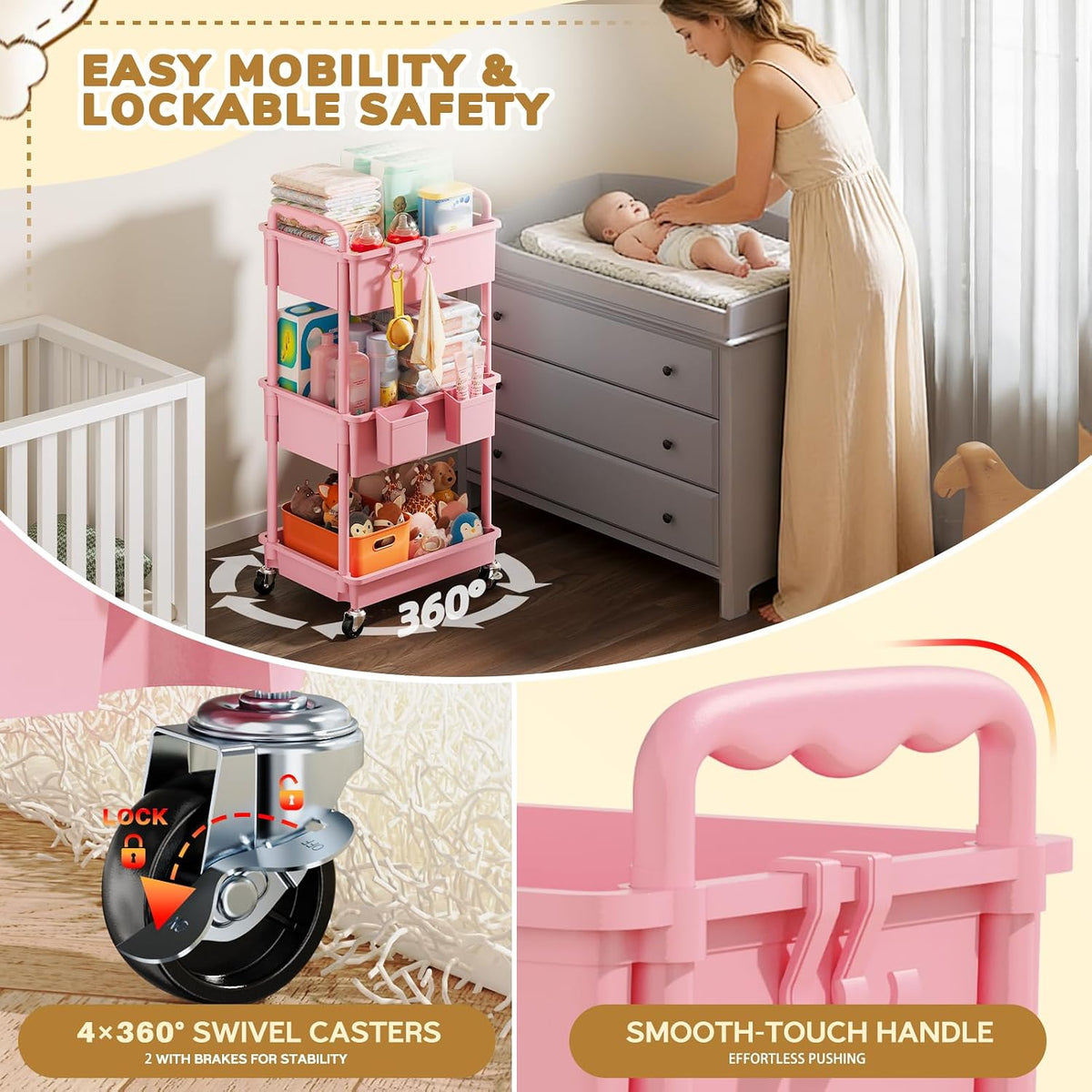 Goovilla Diaper Cart with Lockable Wheels and Easy Assembly, 3 Tier Pink
