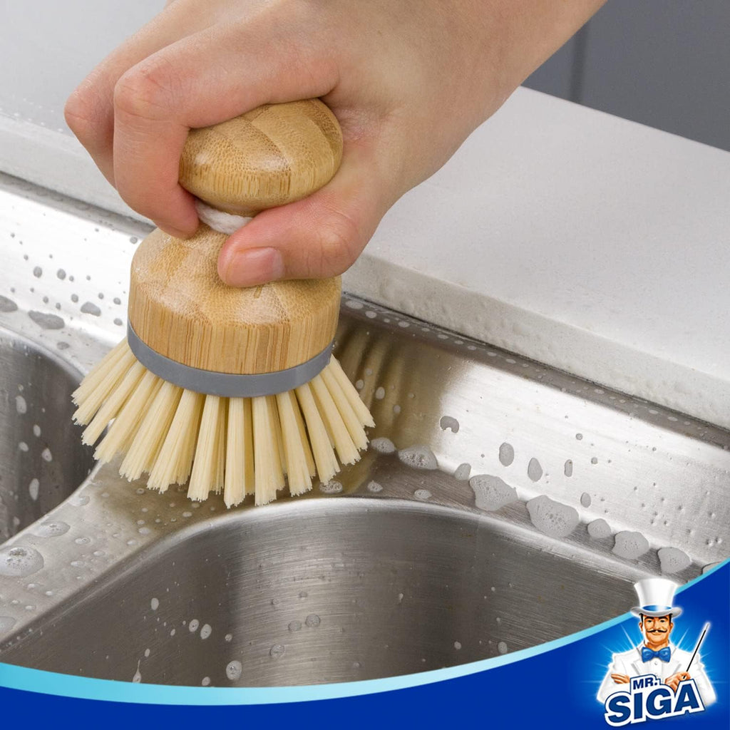 MR.SIGA Bamboo Palm Brush, Dish Scrub Brush, Bamboo Dish Brush, Pack of 2