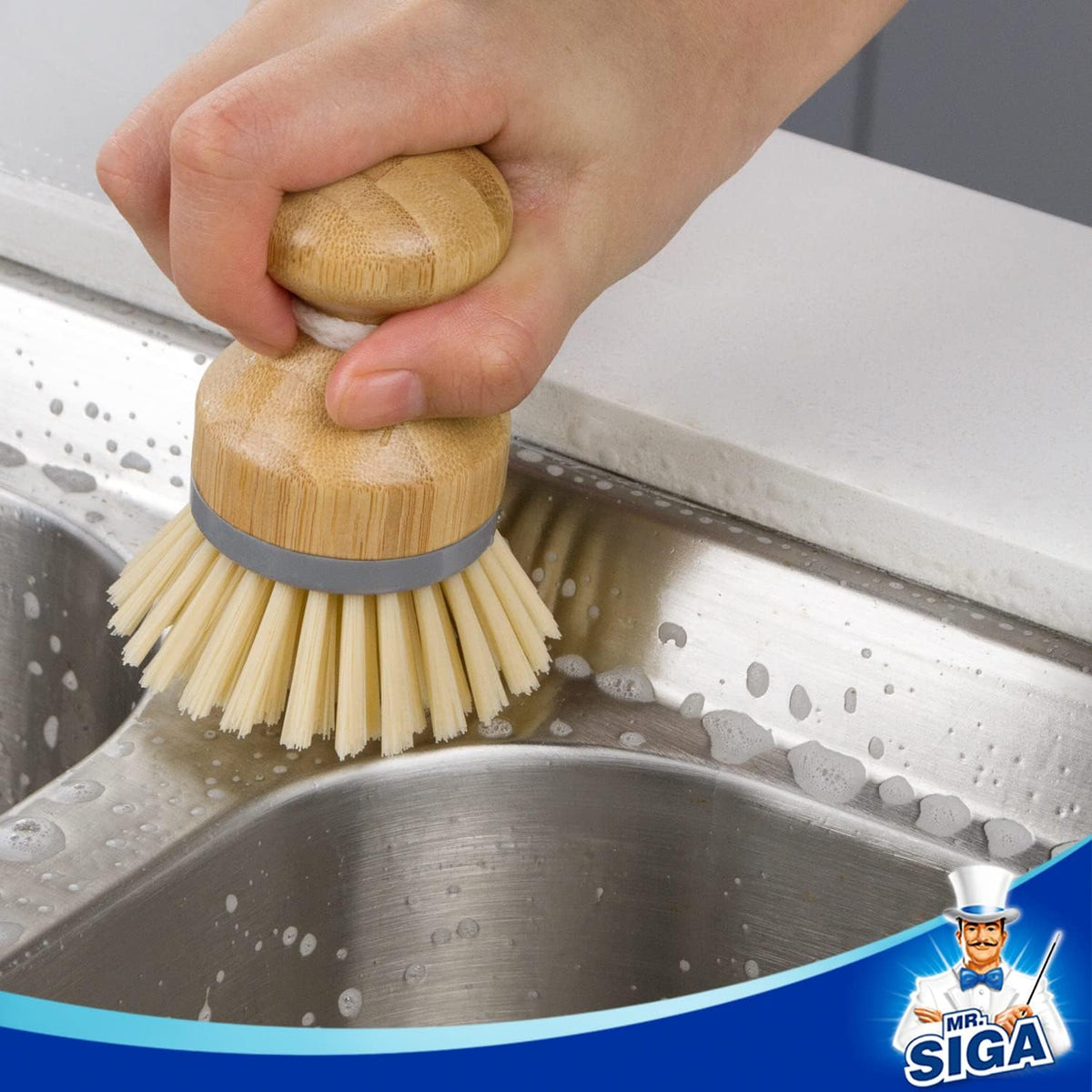 MR.SIGA Bamboo Palm Brush, Dish Scrub Brush, Bamboo Dish Brush, Pack of 2