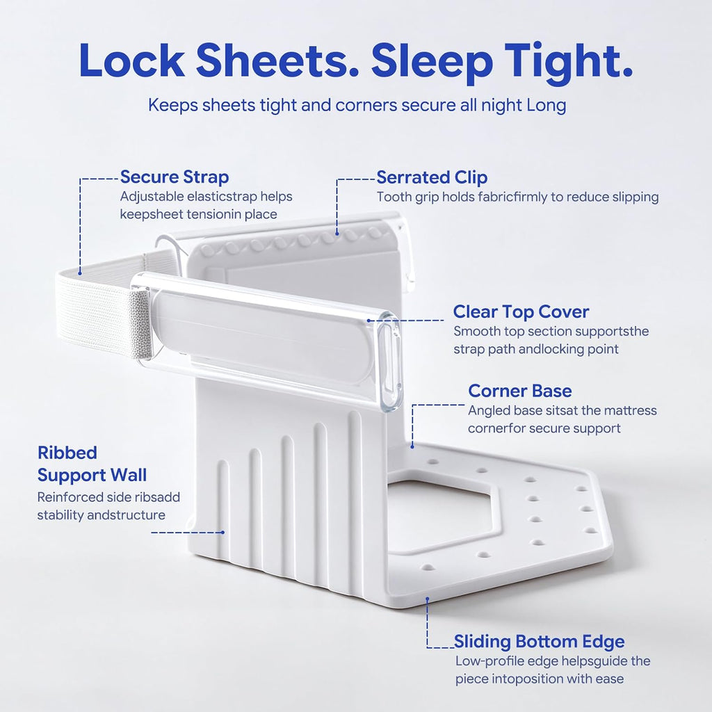Lock Bed Sheet Holders for Corners: 0 Slips All Night for Fitted Sheets