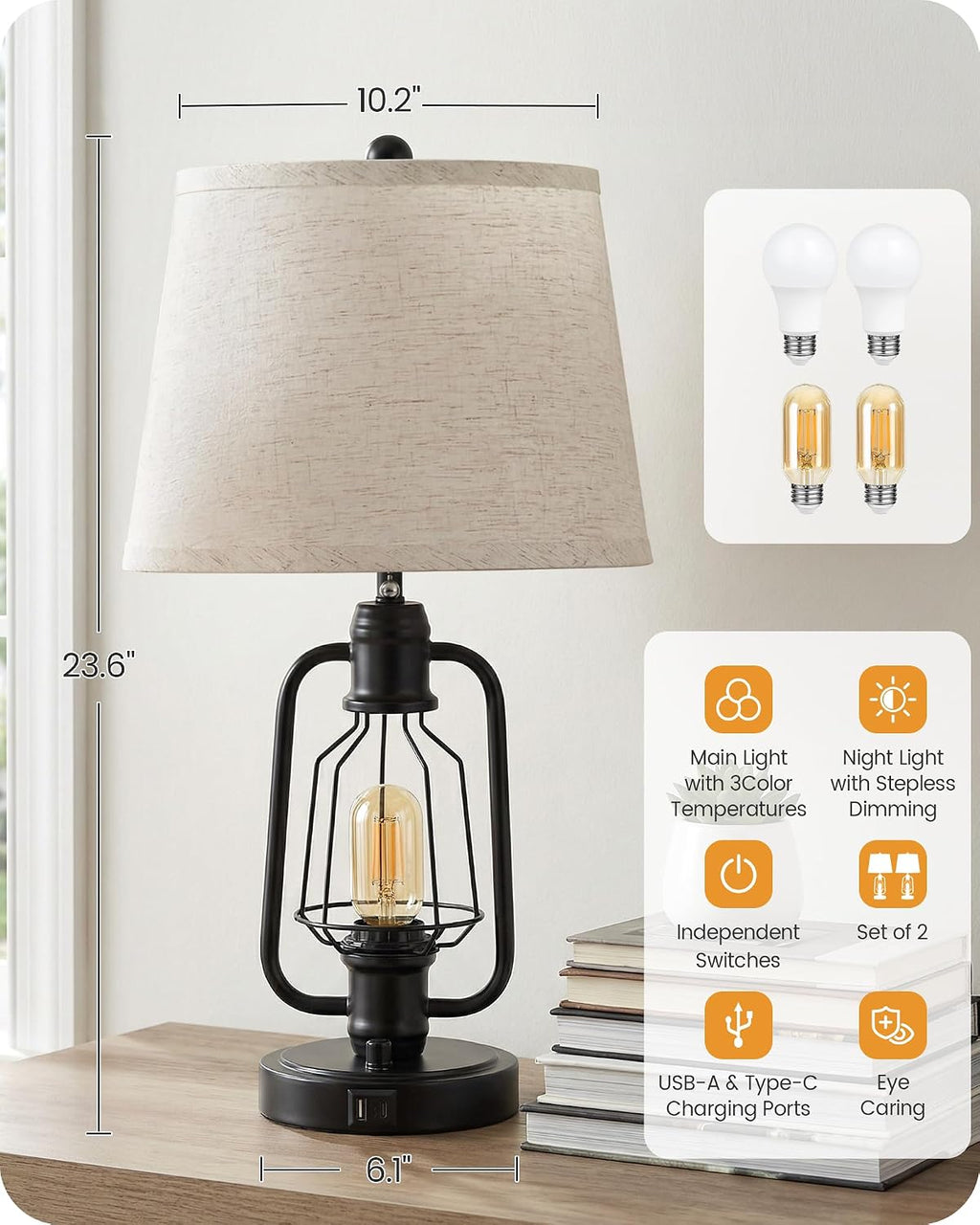 Farmhouse Table Lamps Set of 2, Industrial Bedside Table Lamps with USB Ports, Rustic Vintage Nightstand Desk Lamps for Living Room, Bedroom, 4 Bulbs Included, Beige and Black E14TLP205