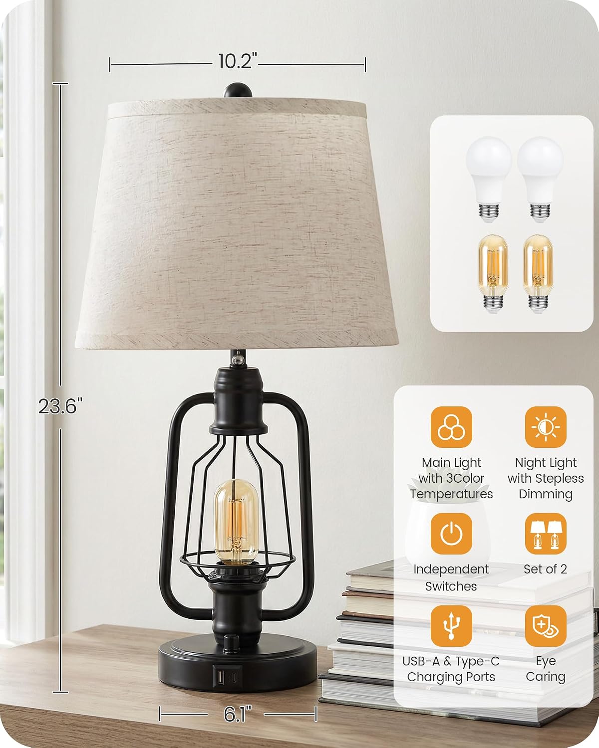 Farmhouse Table Lamps Set of 2, Industrial Bedside Table Lamps with USB Ports, Rustic Vintage Nightstand Desk Lamps for Living Room, Bedroom, 4 Bulbs Included, Beige and Black E14TLP205