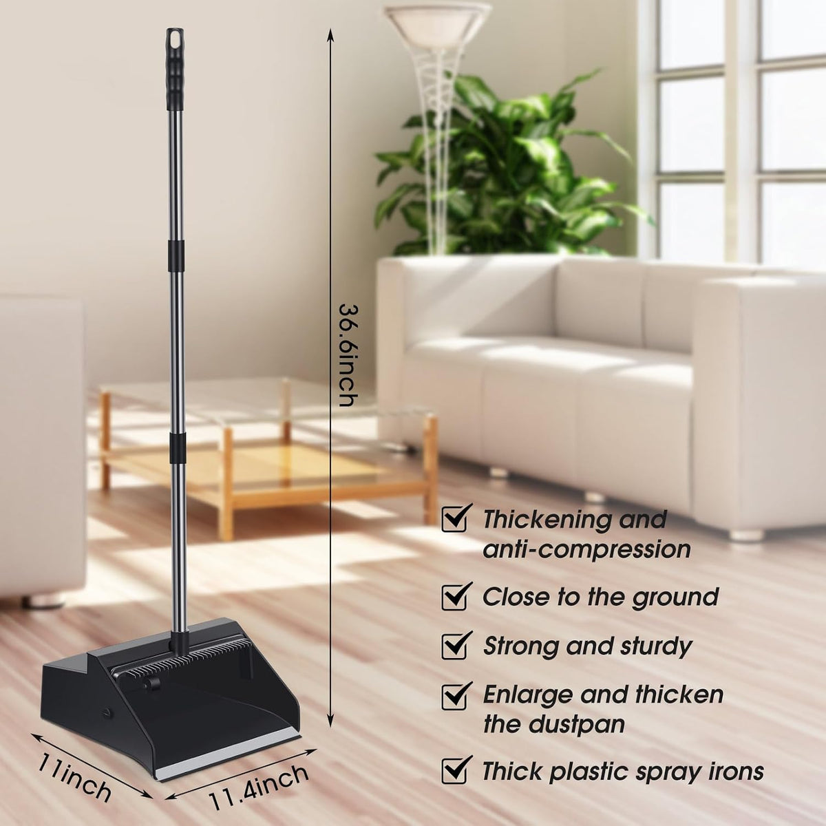 Leumoi 2 Pcs Dust Pans with Long Handle with Comb Stand up Dustpan,Black