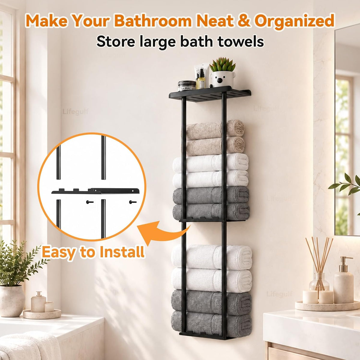 3-Tier Wall Mounted Towel Rack for Bathroom Storage，Black