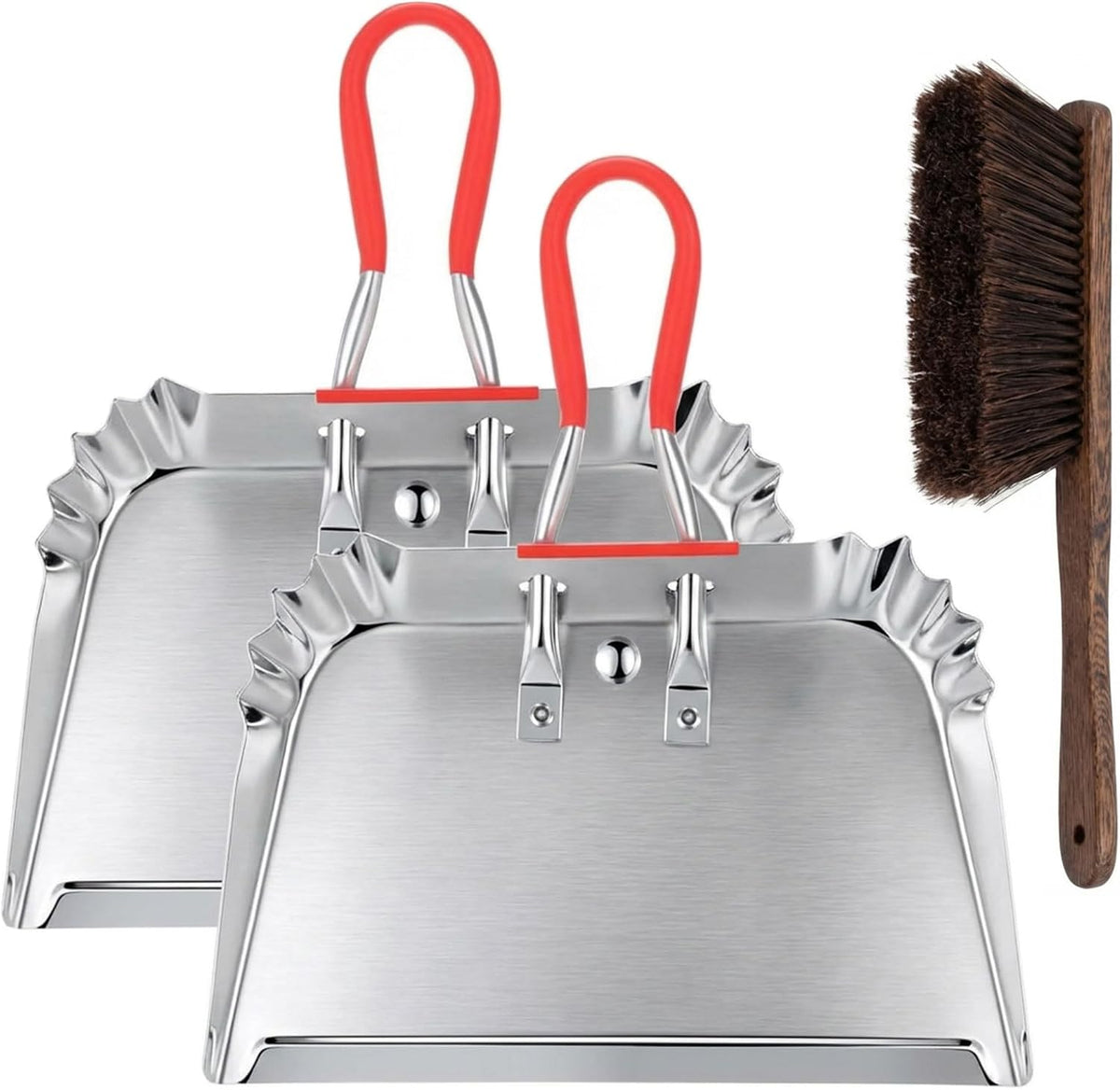 2 Metal Dustpans with Hand Brush, 17 Inch Heavy Duty Cleaning Set, Sliver