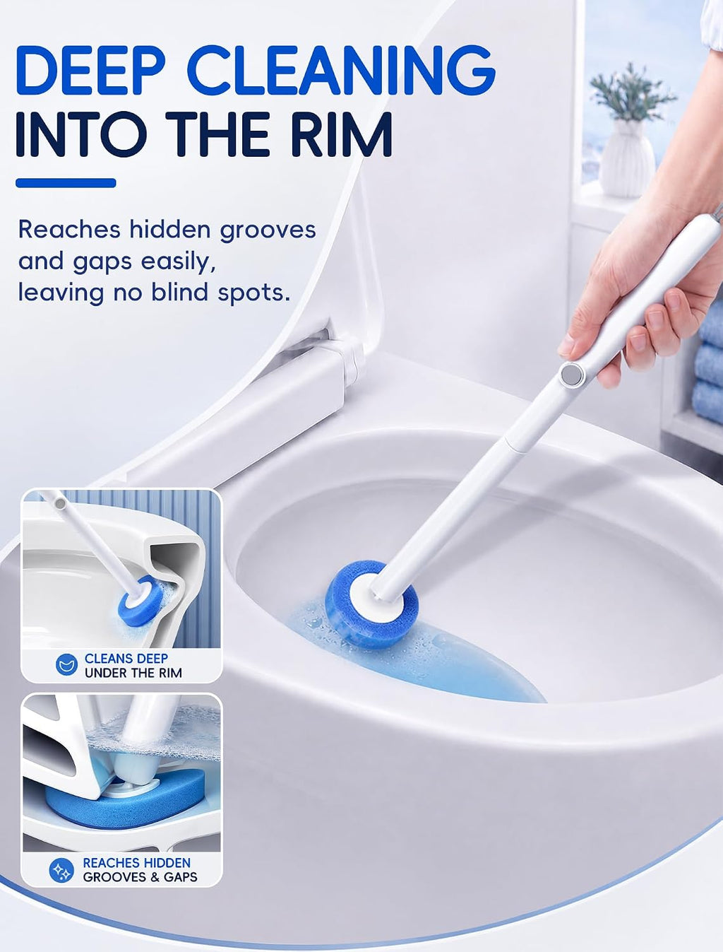 Disposable Toilet Brush System, Toilet Bowl Cleaning Wand with Lift-to-Open Refill Case, Blue Refill Heads and Freestanding Holder, 1 Wand and Holder Set with 63 Blue Refills
