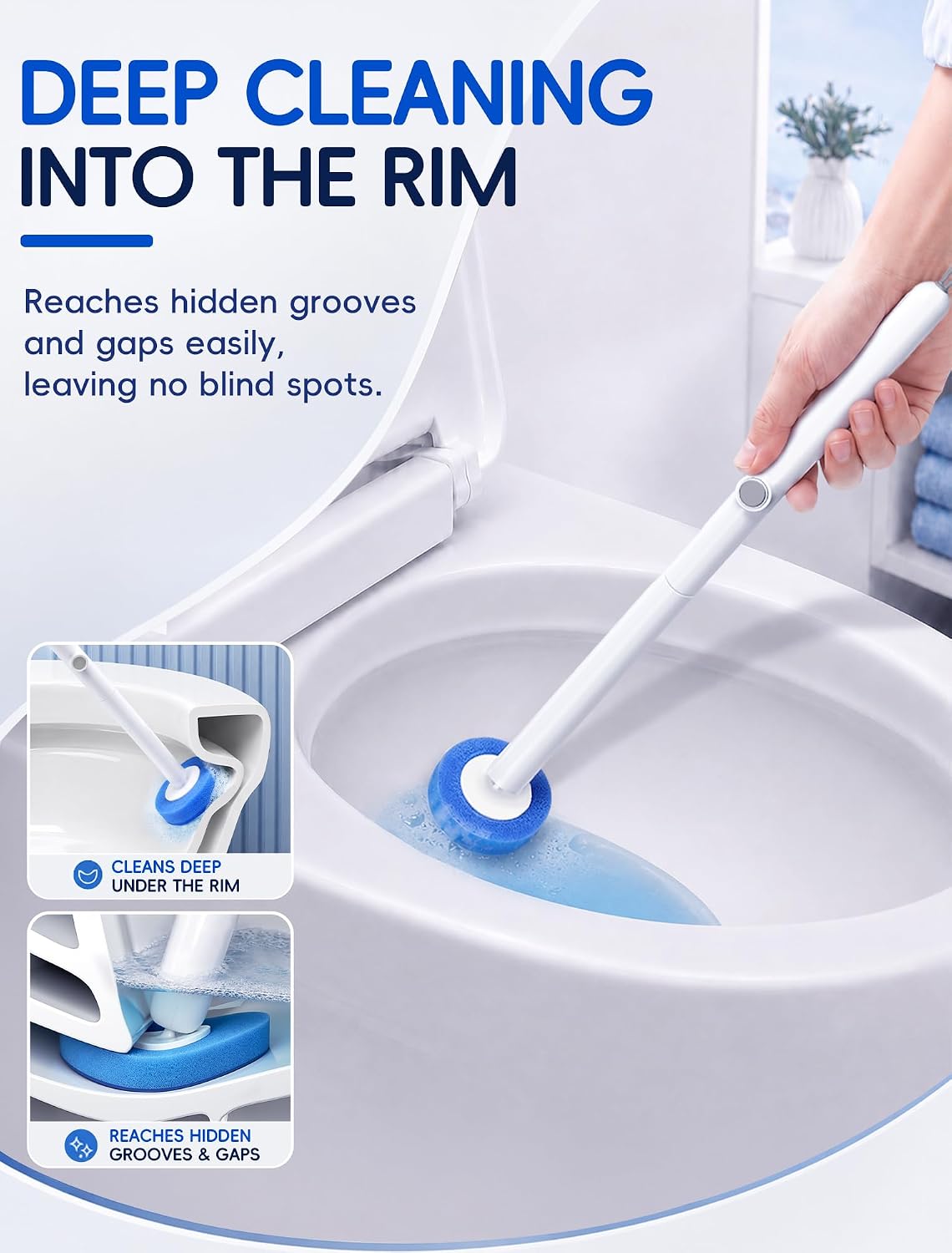 Disposable Toilet Brush System, Toilet Bowl Cleaning Wand with Lift-to-Open Refill Case, Blue Refill Heads and Freestanding Holder, 1 Wand and Holder Set with 63 Blue Refills