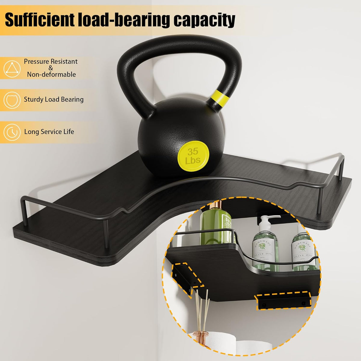 L-Shaped Corner Floating Shelves Wall Mounted Set of 3,Black