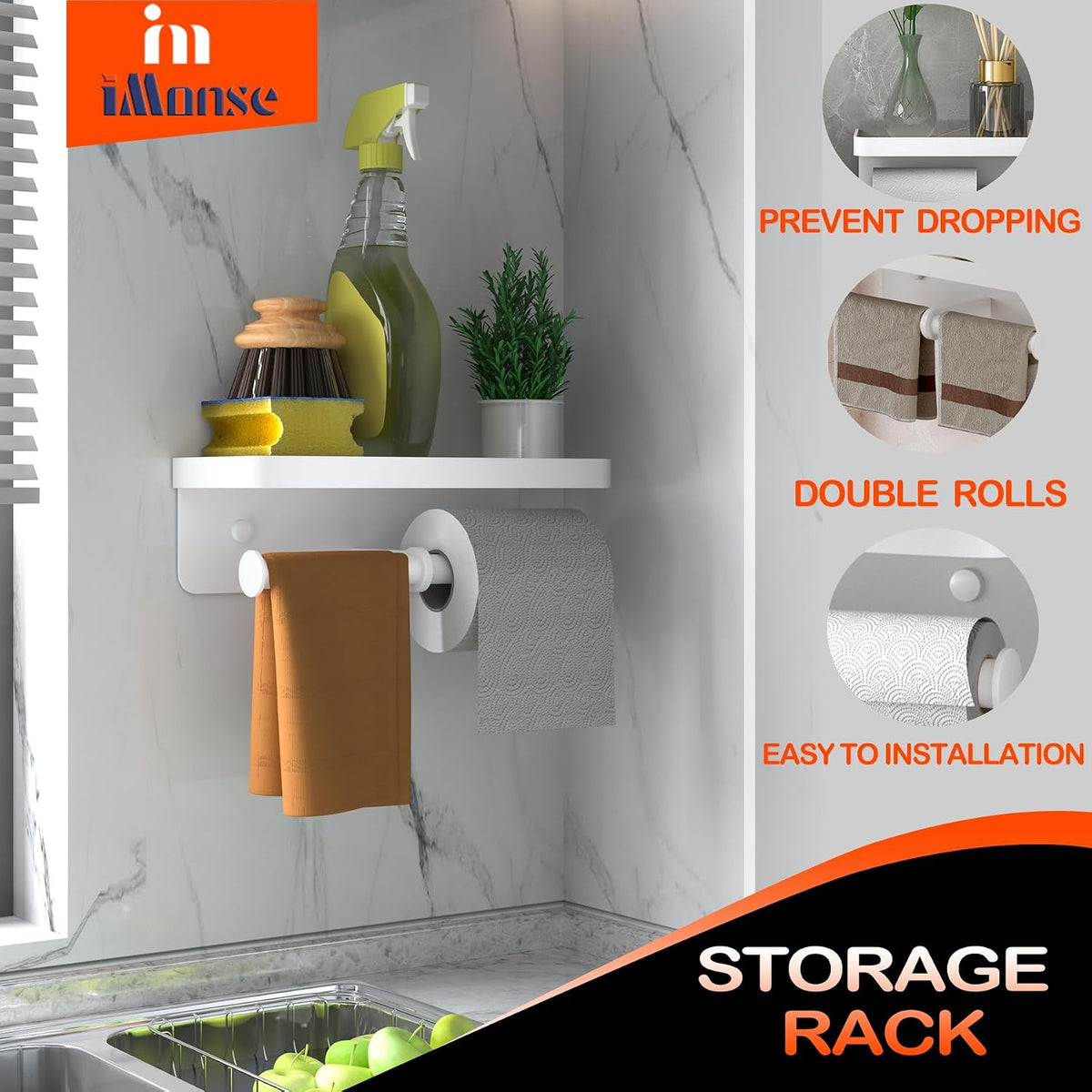 Double Toilet Paper Holder with Shelf, iMonse Paper Towel Holder Wall Mount,Tissue Roll Holder for Bathroom Kitchen RV, Double Tissue Roll Rack with Adhesive & Screw (White)