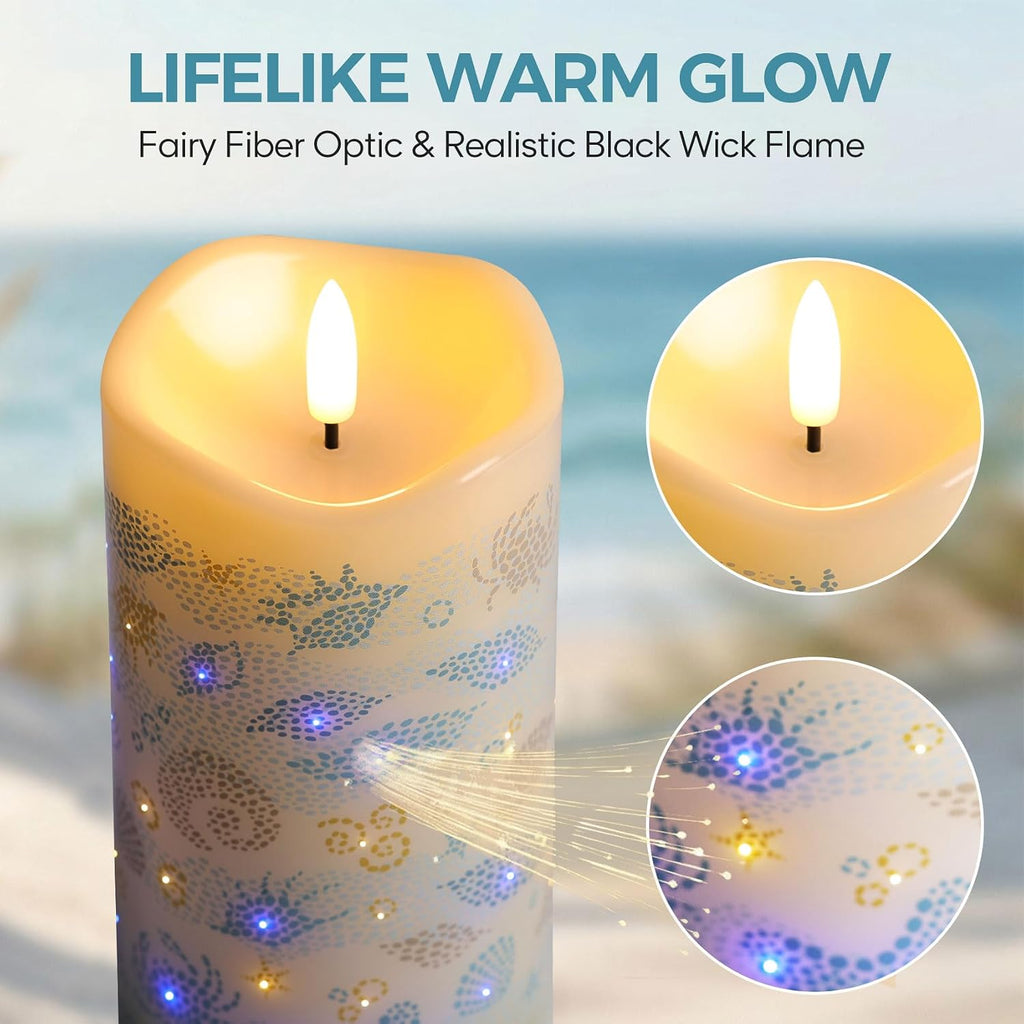 Blue Ocean Coastal Fiber Optic Flameless Pillar Candles with Remote