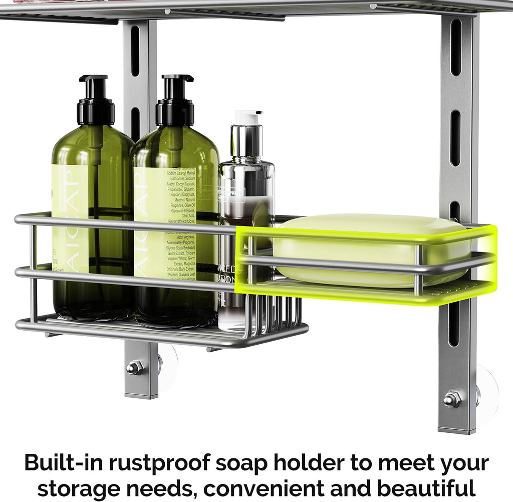 Orimade Over The Door Shower Caddy Adjustable 3 Tier Silver,Bathroom Hanging Organizer Shelf Rustproof with 4 Hooks,Shower Basket with Soap Holder and Suction Cup