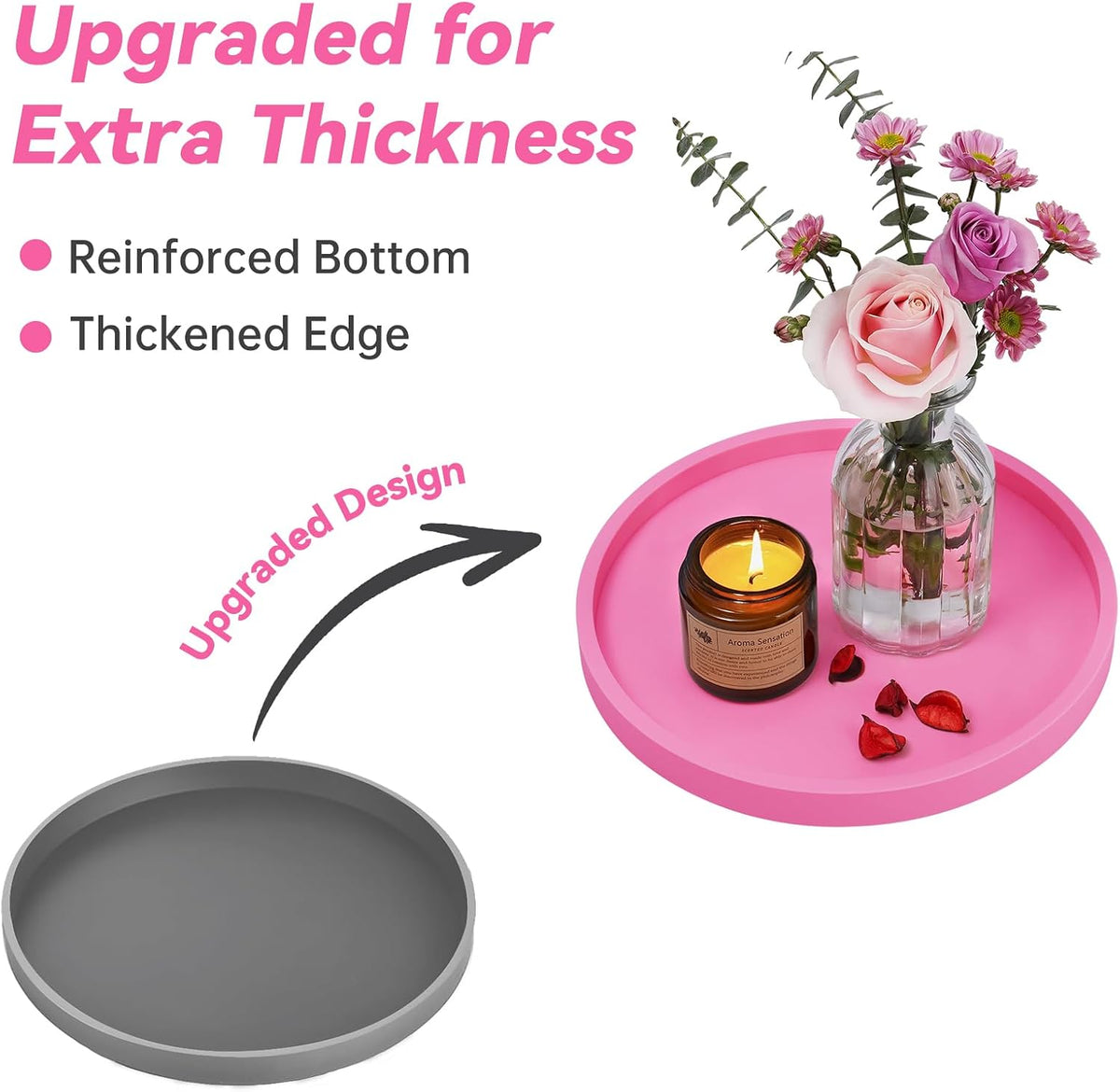 NiHome Silicone Bathroom Vanity Tray Round Perfume Organizer, Hot Pink