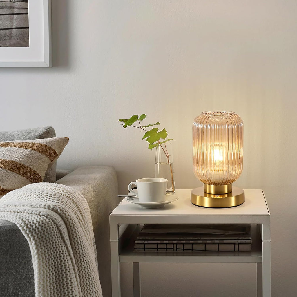 Rechargeable Amber Glass Table Lamp,Vintage Ribbed Bedside Lamp