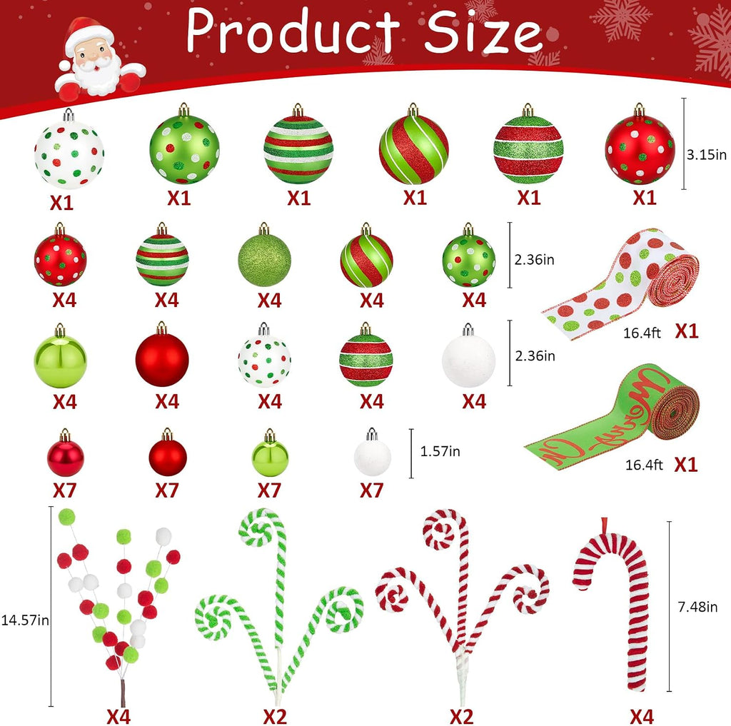 88 Pcs Christmas Tree Ball Ornaments Set, Red Green White