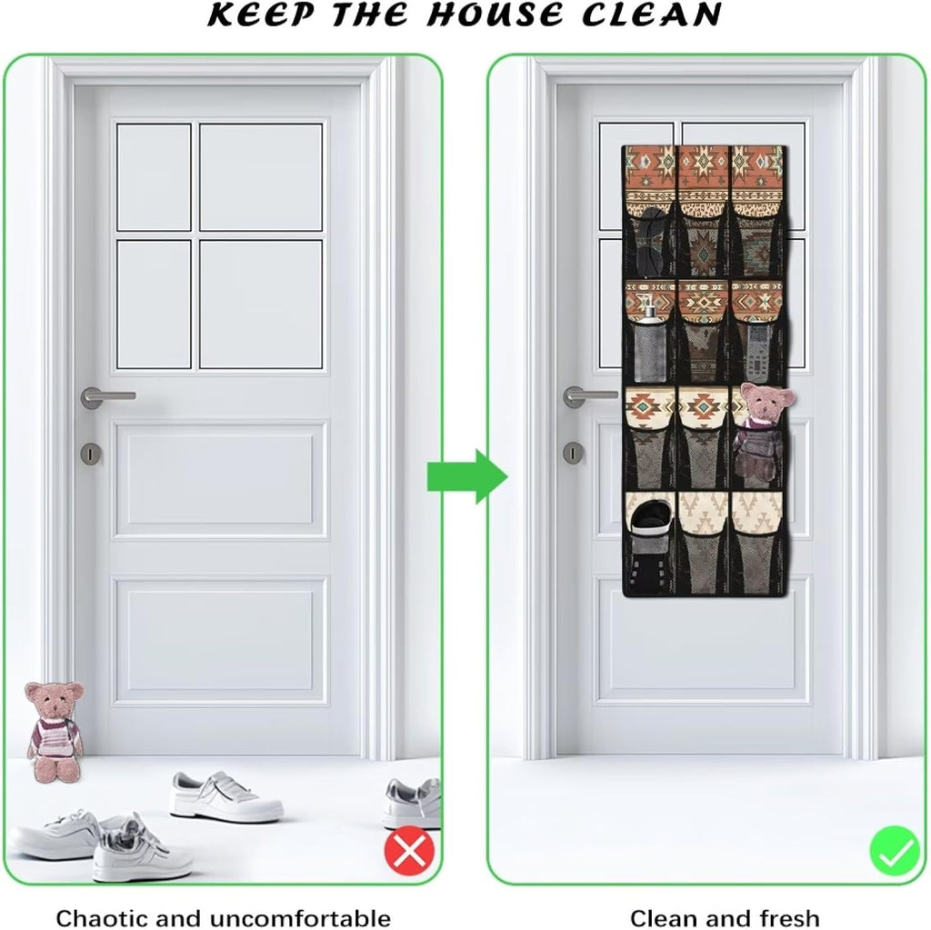 Aztec Tribal Pattern Hanging Shoe Organizer,Shoe Organizer Door Hanger with 12 Mesh Large Pockets,Behind Door Shoes Hang Holder Rack