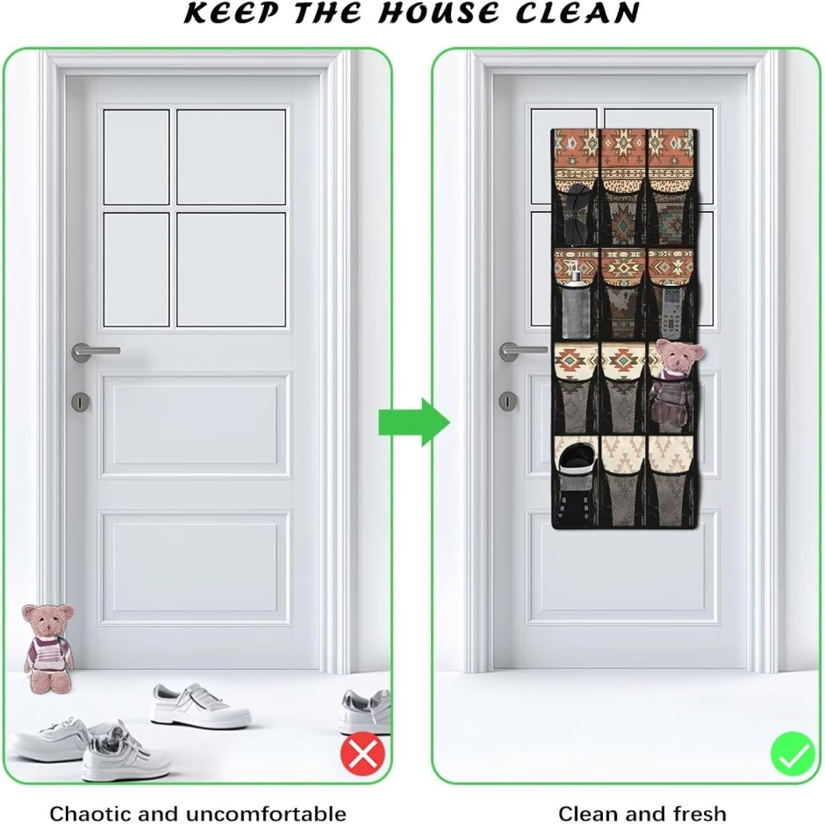 Aztec Tribal Pattern Hanging Shoe Organizer,Shoe Organizer Door Hanger with 12 Mesh Large Pockets,Behind Door Shoes Hang Holder Rack