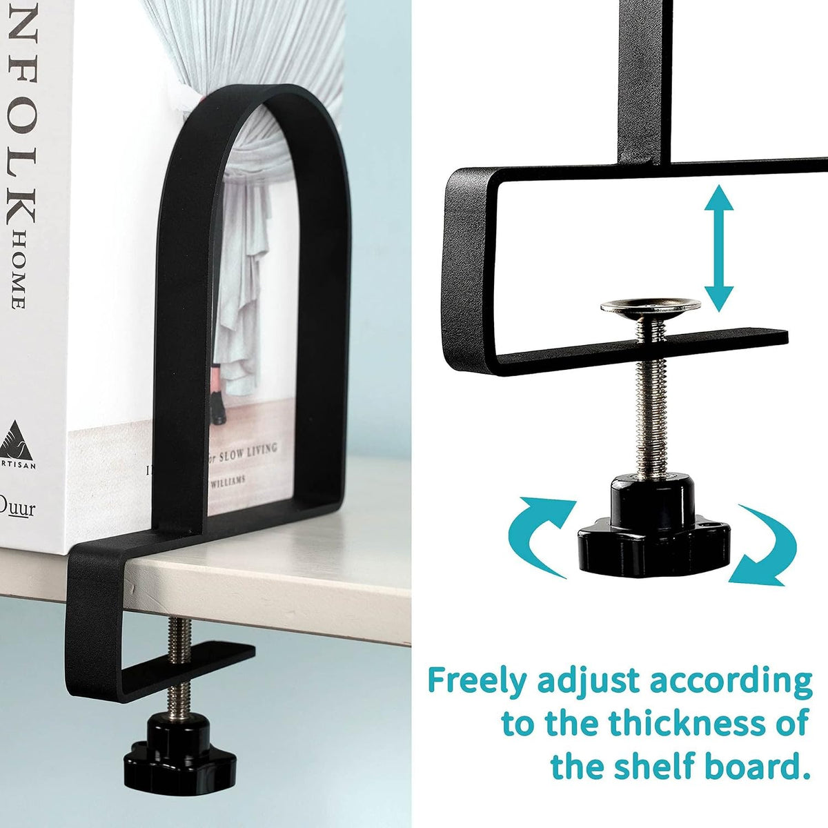 AJART Adjustable Book Ends for Shelves: Heavy Duty Clamp On Metal Bookends