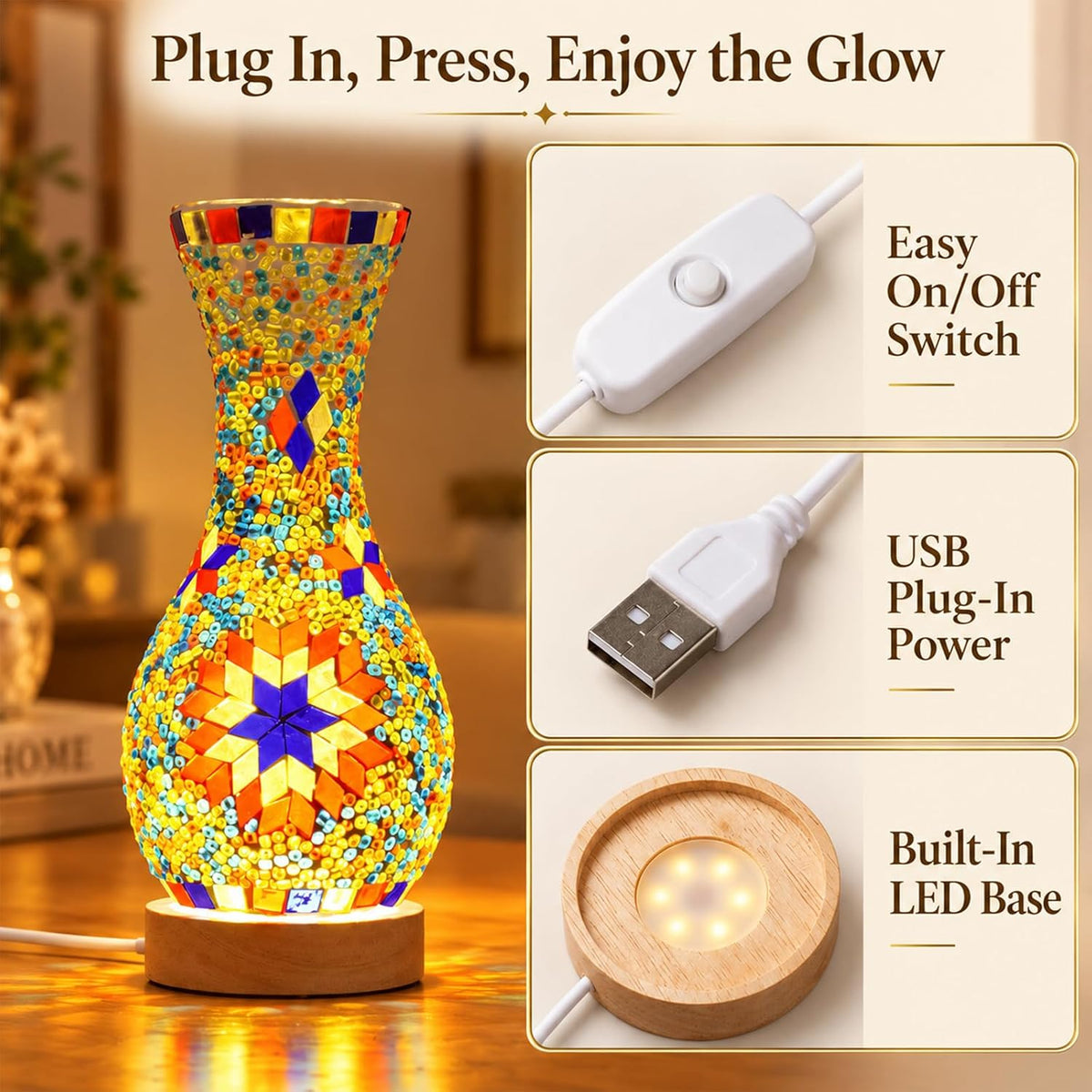 Mosaic Vase Lamp, Turkish Table Lamp with Wood Base, USB LED