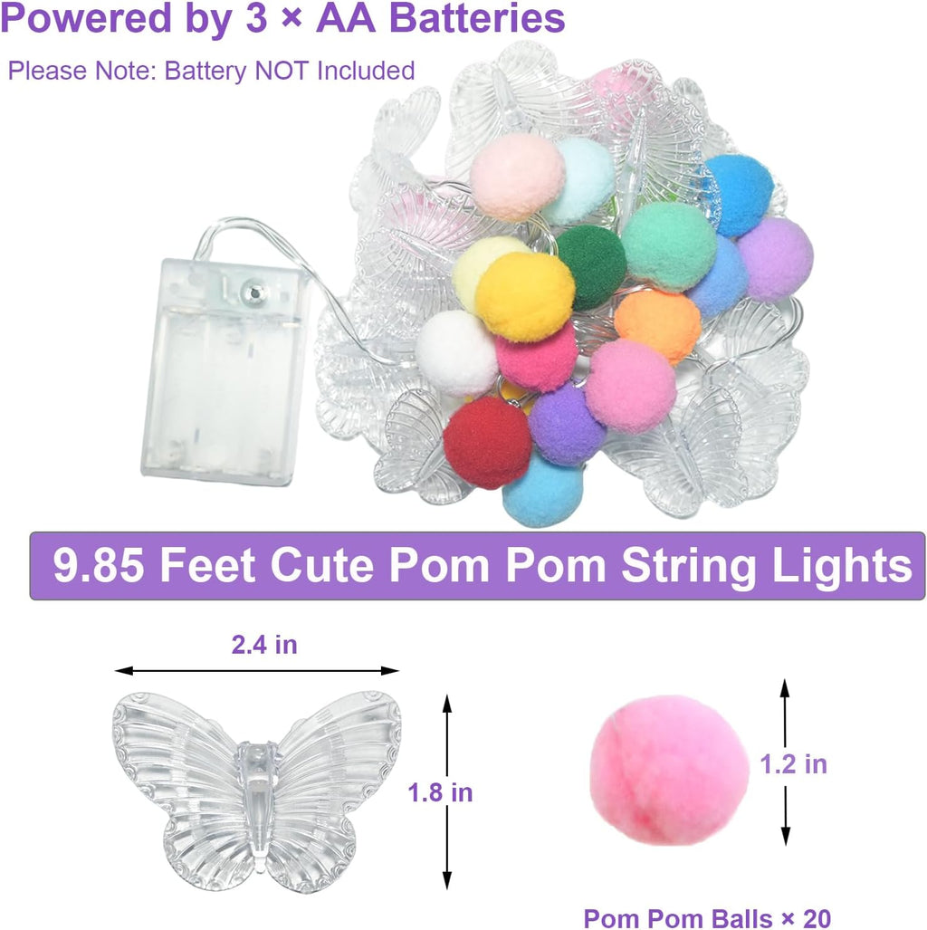 ChiRee 9.85FT Colorful Butterfly String Lights with Pom Pom