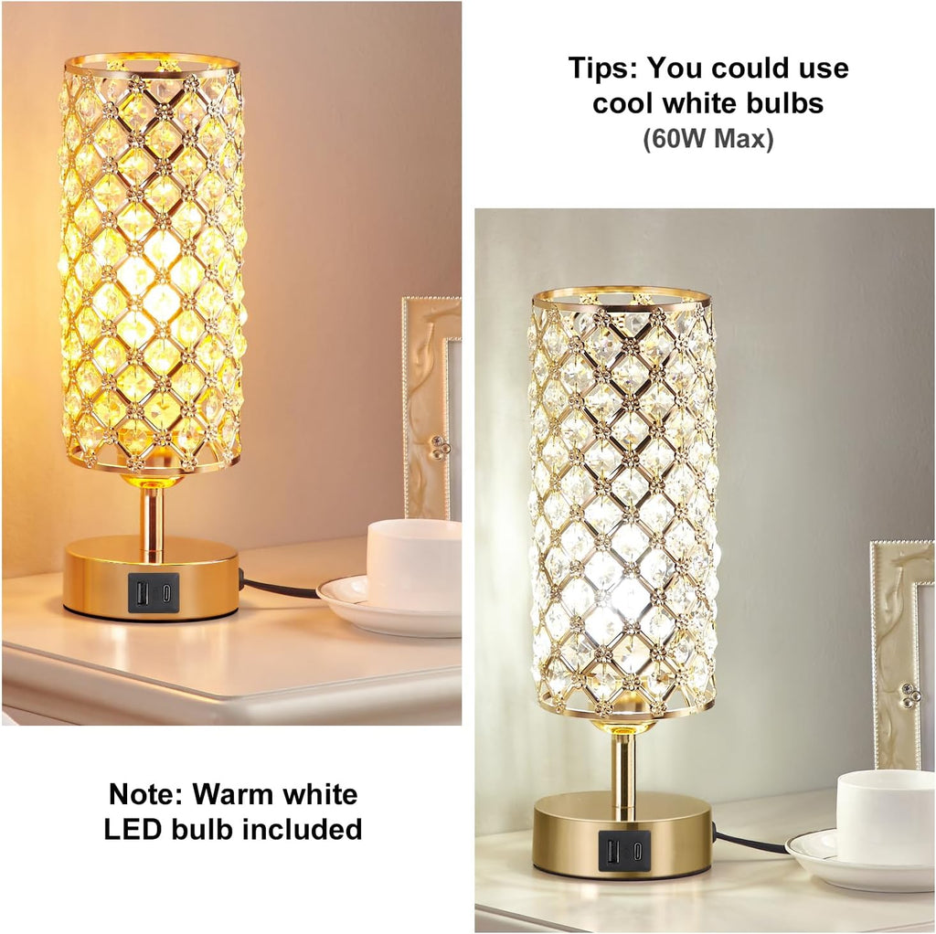Hong-in Gold Crystal Touch Lamp for Bedroom with USB-C/A, Bulb Included