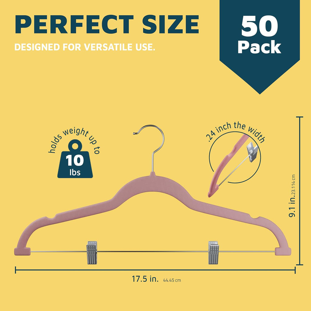 Lifemaster Velvet Pants Hangers – with Adjustable Clips, 360 Degree Swivel Hook, and Non-Slip Shoulder Notch, Holds Up to 10 lbs, for Organizing Skirt, Pants, Dress, and Clothes, Pack of 50, Pink