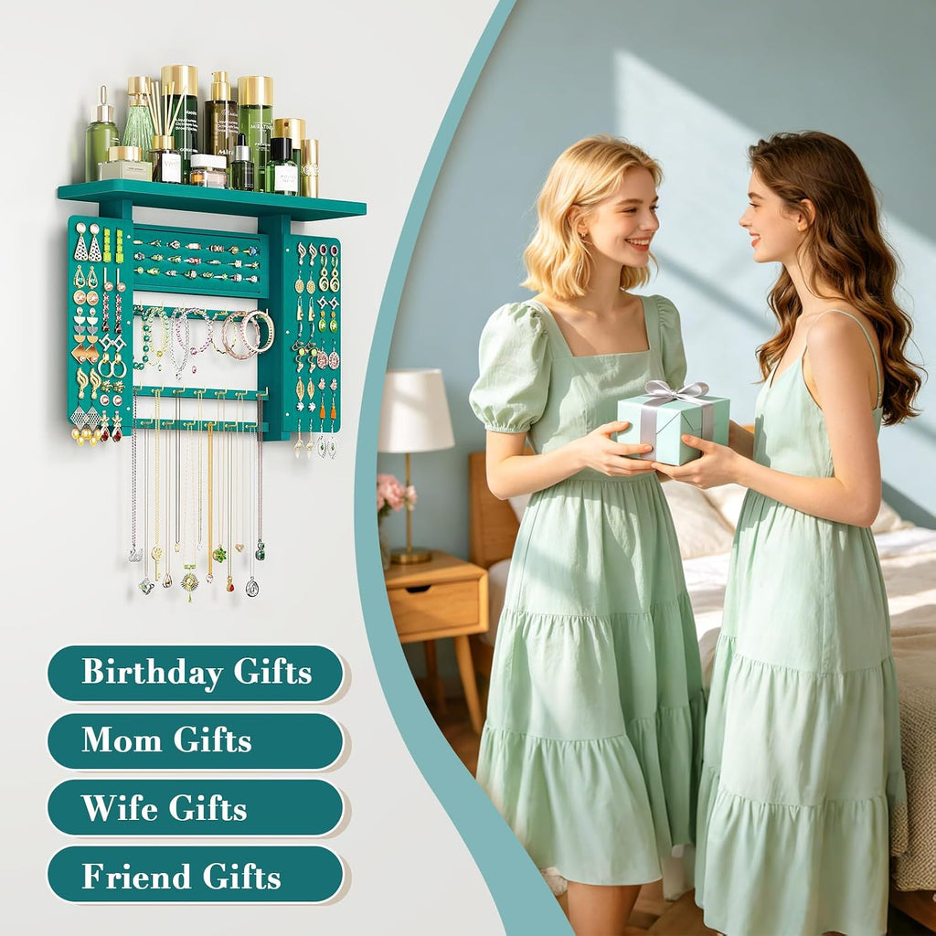 Emfogo Jewelry Organizer Hanging Wall Mounted Jewelry Holder, 5-in-1 Large Capacity Necklace Organizer Wall Hanging Jewelry Display for Ring, Necklaces, Bracelets, Earrings (Green)
