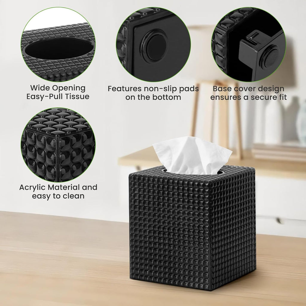 Tissue Box Cover, Square Acrylic Tissue Holder for Bathroom Vanity, Black