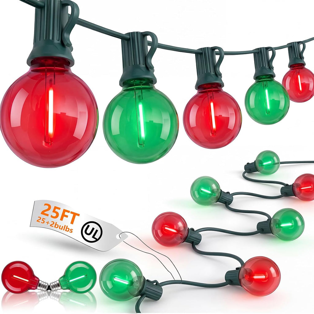 25Ft G40 LED Red Green Outdoor String Lights, 27 Shatterproof Globe Bulbs
